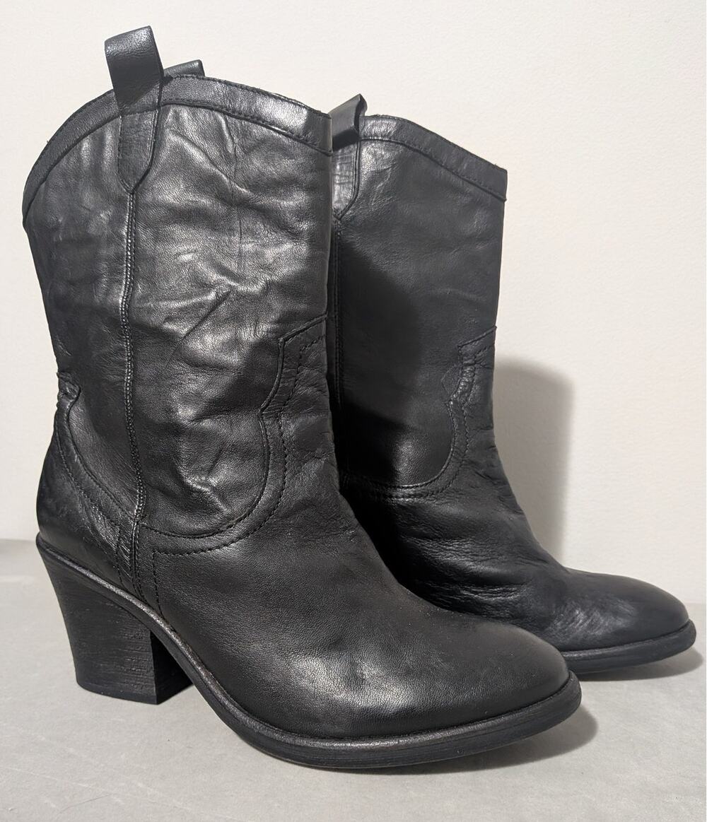 Sam Edelman Black Leather Western Mid-Calf Cowboy Boots Women's Size 9.5